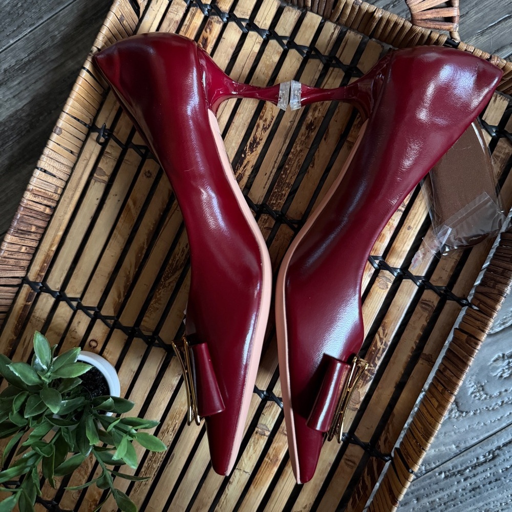 C.Paravano Red Burgundy Gold Buckle Kitten Heels Metal Tie Pumps Olivia NEW 7.5 - Picture 13 of 16